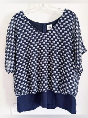 CABI Parade Blouse Whimsical Elephant Print Chiffon Overlay Flowy Top Size Lg